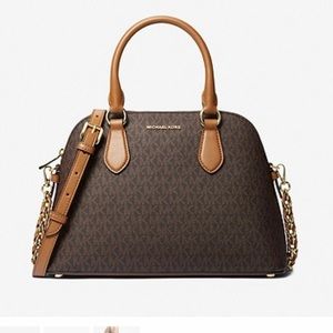 Michael Kors Jet Set Medium Logo Dome Satchel Bag Brown MK Signature